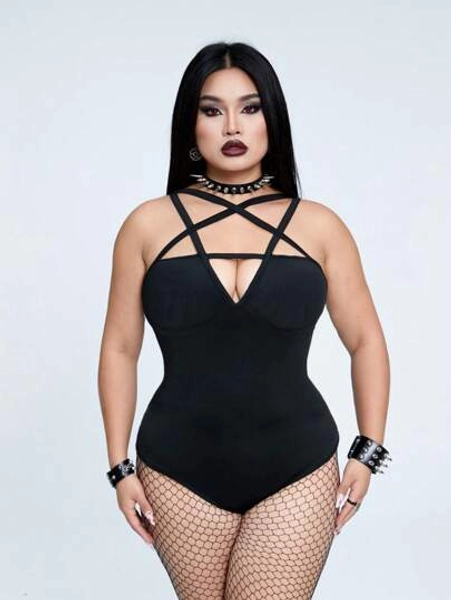 Whyspr Body de mujer talla grande de unicolor con estrella de cinco puntas y diseño calado sexy
