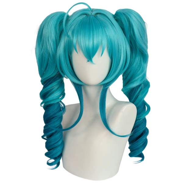 Synthetic Medium Length Blue Curly Cosplay Wig with Double Curly Ponytail & 1pc Wig Cap - AliExpress 
