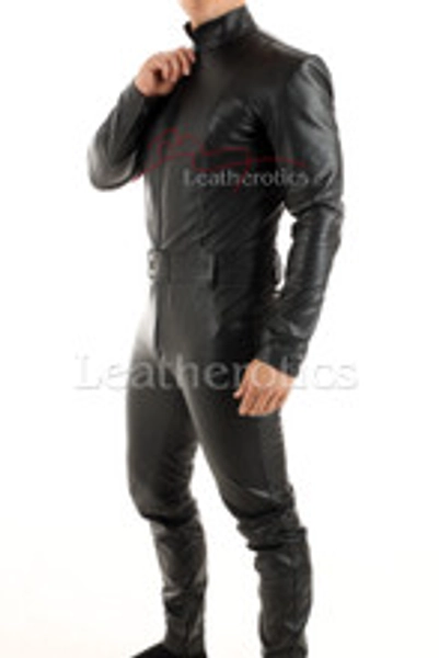 Custom Made Men's Black Leather One Piece Male Suit