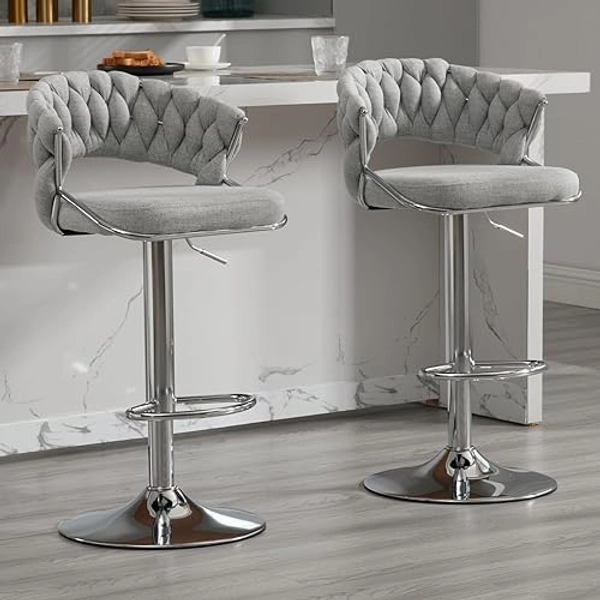 DUOMAY Woven Swivel Bar Stools Set of 2 - Modern Height Adjustable Bar Stools with Woven Backrest and Chrome Base - Linen Kitchen Island Stoos Barstools for Kitchen, Bar, and Counter, Light Grey