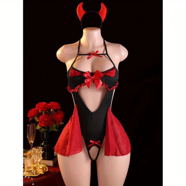 Sexy Little Demon Cosplay Lingerie Onesie - Black & Red Lace-Up Front Bodysuit with Off-Shoulder Straps, Thigh Slit & Bow Accents - Hand Wash Only Adult Costume for Halloween, Themed Parties