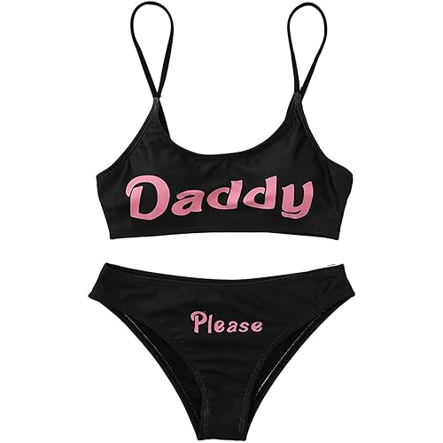 Women's 2Pcs Come Here Yes Daddy Please Printed Bikini Swimsuit Bathing Suit Padded Bra Top Panty Set Swimwear - X-Large - Black