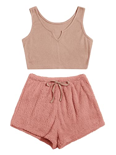 Milumia Women's Two Piece Pajama Crop Tank Top Tie Waist Fluffy Teddy Shorts Lounge Set - Small - Pink Plain