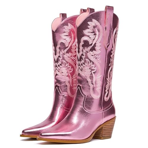 GOSERCE Knee High Cowboy Boots for Women Embroidered Tall Cowgirl Boots Western Style Almond Pointed Toe Medium Block Chunky Heel 6cm Pull On Tabs Precise Stitching - 9 - A-pink