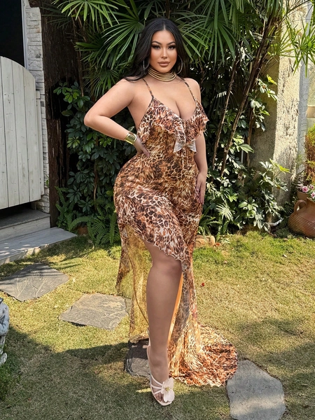 SHEIN SXY Plus Size Women's Leopard Print Ruffle Hem Asymmetrical Hem Sheer Backless Dress, Suitable For Everyday Wear, Beach Vacation, Date Night, Birthday, Bachelorette Party Outfit, Cute, Casual, Shopping, Streetwear, Going Out, Easy To Match & Looks Slim, Accentuates Your Body, Flatters The Figure