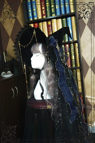 Halloween Fancy Witch Hat with Shiny Veil and Stars Chain
