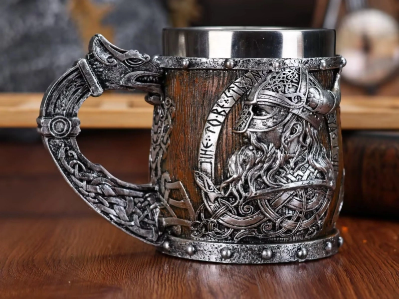 Valhalla Viking Beer Mug – 400ml Stainless Steel Nordic Barrel Tankard with Dragon Boat, Skull & Warrior Horn Design