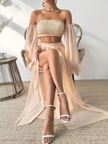 Breezaya 2-teiliges Set: Frauen Sommer Urlaub Pilz-Kante Off-Shoulder Top mit Langarm und verkürzter Länge, und Midi-Rock mit geteiltem Saum