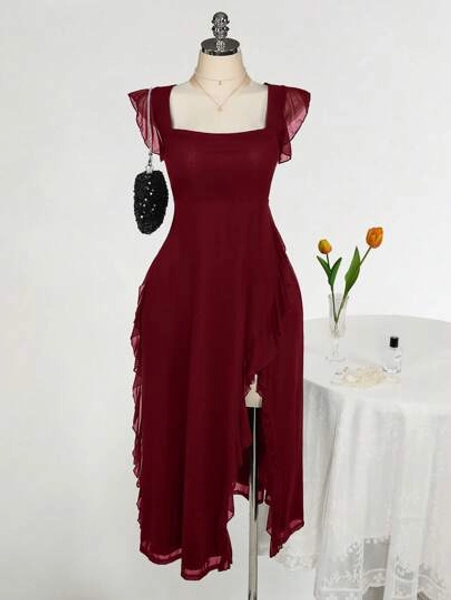 SHEIN ICON Vestido Justo com Gola Quadrada e Babado, Festa de Casamento, Look Romântico de Primavera, Roupa de Convidada de Casamento, Plus Size