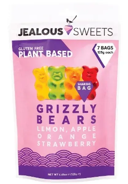 JEALOUS SWEETS Lemon Apple Orange Strawberry Gummy Grizzly Bears (Large Pack of7x125g Bags) Vegan Gluten & Dairy Free Gummies. Tasty Natural Fruit Chewy Treats. No Artificial Colour, Gelatine Free