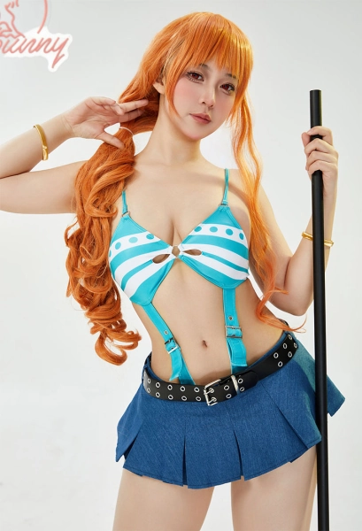 Nami Derivative Sexy Lingerie Costume Halloween Cutout Bodysuit and Mini Skirt Set with Belt Stockings Outfit