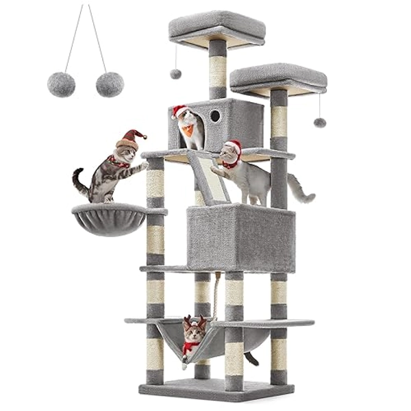 Feandrea Kratzbaum groß, 168 cm hoch, L Katzenbaum, mit 13 Kratzsäulen, 2 Plattformen, 2 Höhlen, Korb, Hängematte, Plüschbälle, mehrstöckiger Katzenkratzbaum, hellgrau PCT165W01