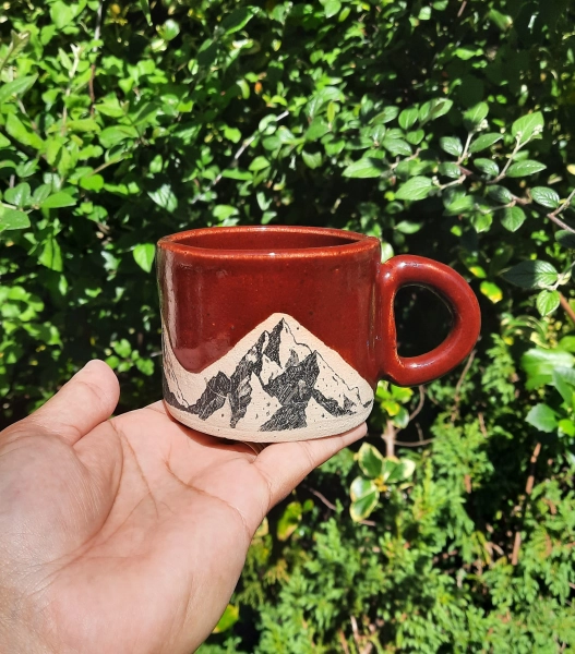 Handmade Mountain Cup, Ceramic Cup, Stoneware Cup, Handmade Cup, Gift for him, Gift for her, Tea cup, Deep Firebrick Mountain Design Cup.