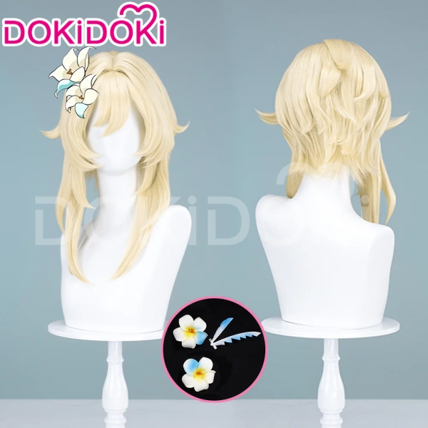 【 Ready For Ship】DokiDoki Game Genshin Impact Cosplay Traveler Lumine Ying Cosplay Wig /Head Accessory Yellow Long Wig Women