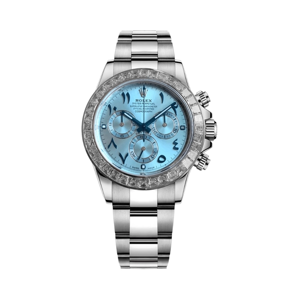 Rolex Oyster Perpetual Cosmograph Daytona 116576TBR-0005 Platinum Arabic Baguette Bezel Ice Blue Dial - Luxury Souq