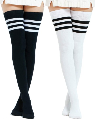 Kayhoma Extra Long Cotton Stripe Thigh High Socks Over the Knee High Plus Size Stockings