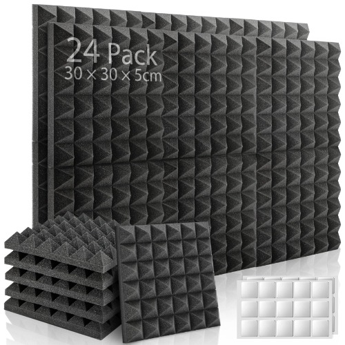 Acoustic Foam Soundsbay 24 Pack Sound Proofing Panels with Double-sided adhesive Sound Absorbing Panels wedges for Recording Studios/Offices 12" X 12" X 2"