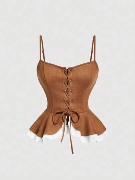 SHEIN MOD Women's Faux Suede Ruffle Trim Waistcoat, Western Style, Retro 70s,Nashville Outfits,Cowgirl Costume,Brown Corset Top,Boho