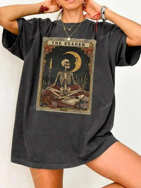 Women's Casual Elegant Tarot Card Skull & Moon Vintage Print T-Shirt, Summer