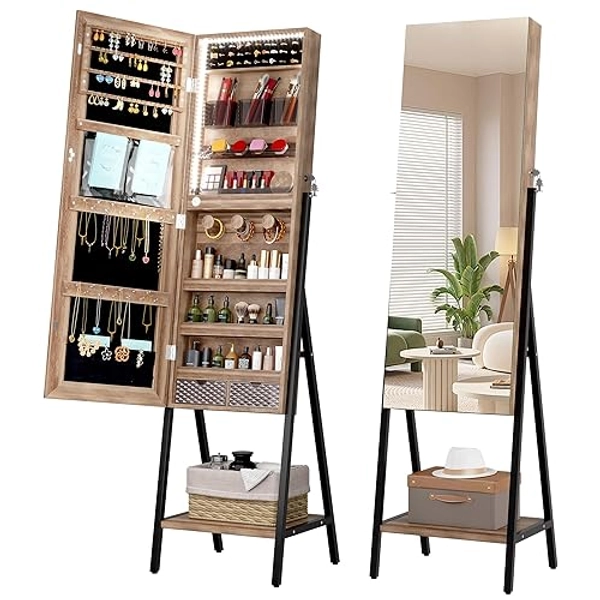 LVSOMT 3 LEDs Mirror Jewelry Cabinet, 60.4" Jewelry Mirror Full Length, Standing Lockable Jewelry Armoire Organizer, Floor Mirror with Storage for Jewelry Cosmetics, Brown