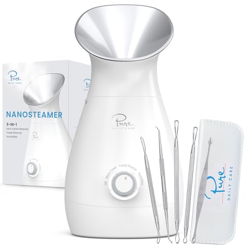 NanoSteamer Large 3-in-1 Nano Ionic Facial Steamer with Precise Temp Control - Humidifier - Unclogs Pores - Blackheads - Spa Quality - Bonus 5 Piece Stainless Steel Skin Kit (Silver) - Silver