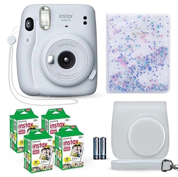 Fujifilm Instax Mini 11 Instant Camera Ice White + Fuji Film Value Pack (40 Sheets) + Shutter Accessories Bundle, Incl. Compatible Carrying Case, Quicksand Beads Photo Album 64 Pockets