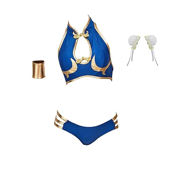 Chun li Cosplay Swimwear, Two Piece Bikini Bathing Suit Blue Swimsuit for Womens