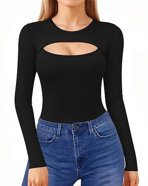 ALGALAROUND Women's Cutout Tops Basic Long Sleeve Round Neck Slim Fit T-Shirts