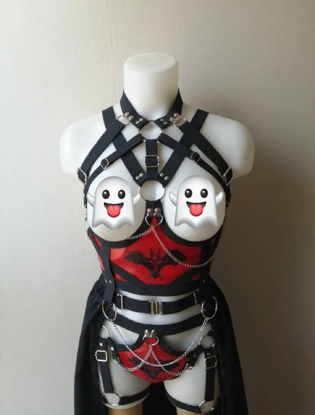 Bat inspired outfit red full body vampire style gothic harness witchy outfit printed bat skeleton halloween