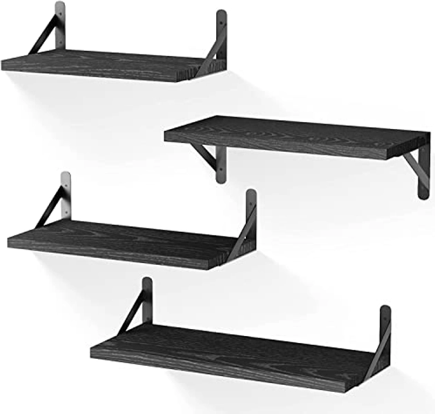 HEHALI Black Floating Shelves, Set of 4, Hanging Shelf for Wall Decor, Storage Rack for Living Room, Bathroom, Kitchen and Bedroom
