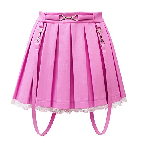 Littleforbig Women's A-Line Pleated Faux Leather Flared Casual Lace Trim Mini Skirts - Troublemaker - Medium - Pink