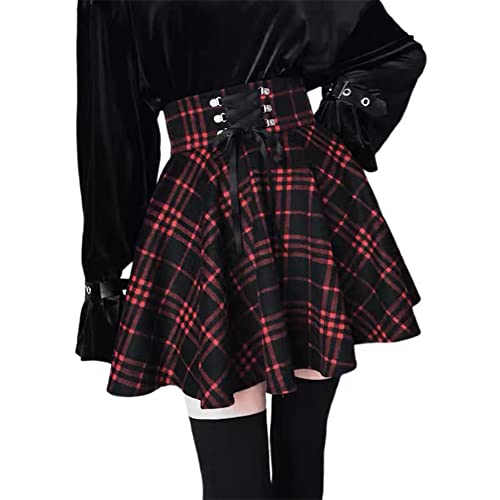 chmakmt Women's Punk High Adjustable Waisted A-line Flare Gothic Mini Plaid Ruffle Pleated Skirt - Medium - Red