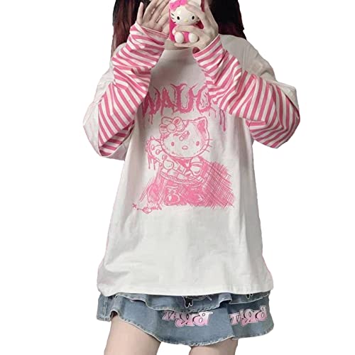 Anime Long Sleeve Shirts for Women Kawaii Shirts Patchwork Harajuku Cartoon Gothic Shirt - Medium - Pink