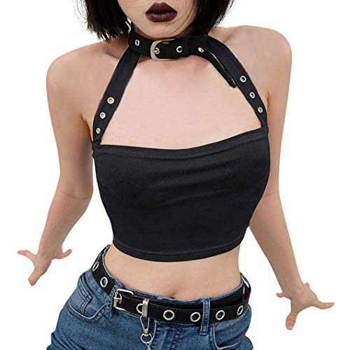 FlyCC Women Sexy Choker Buckle Halter Neck Crop Tube Top Rave Dance Cami Bandeau Tops - Medium - Black B