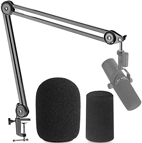YOUSHARES Boom Arm Mic Stand with Pop Filter - Suspension Boom Scissor Arm Stand Compatible with Shure SM7B Microphone with 2 Types Windscreen