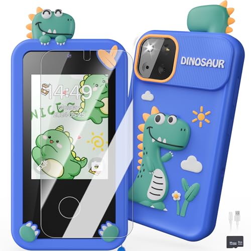 Kids Smart Phone Toys for Boys,Dinosaurs Gift Toys for Boys Ages 3-9 Christmas Birthday Gifts Mini Smart Phone Toys with 2.8" Touchscreen 16 Learning Games Dual Camera Music Player, 8G SD Card - Blue