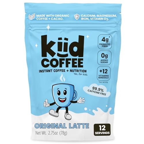 Kiid Coffee Instant Decaf Latte For Kids - 99.9% Caffeine-Free, Delicious Taste, Zero Sugar, Organic Prebiotic Fiber, 12 Vitamins & Minerals - Drink Hot Or Cold, Just Add Milk (12 Servings, Original) - Original - 2.75 Ounce (Pack of 1)