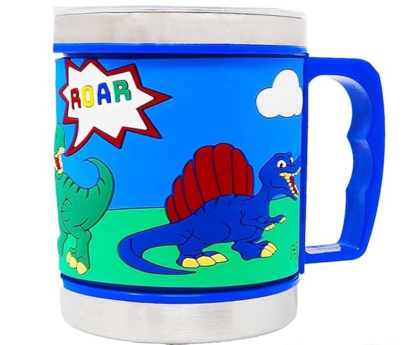 F-32 12 Oz Kids Stainless Steel Mug With Slider Closure Lid - Eco-Friendly - BPA Free Signature Collection (Dinosaur Blue) - Dinosaur Blue