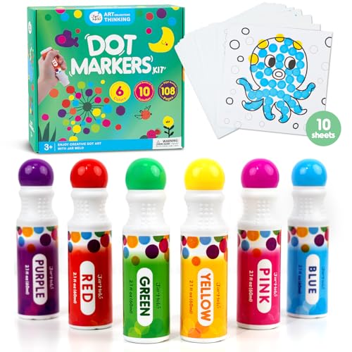Jar Melo Washable Dot Markers, 6 Colors Dot Paints with 108 PDF & 10 Physical Activity Papers, Non-Toxic Bingo Daubers for Toddlers 1-3 2-4 - 6 Colors