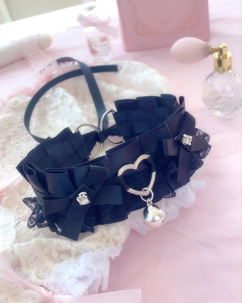 Black Kitten Pet Play Collar Choker Necklace Lace Ruffles Heart Bow Bell