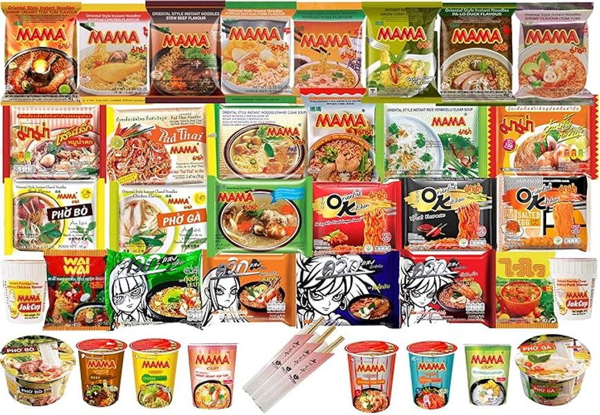 HCG Thai Ramen Noodles Variety Pack with Mama Soup and Wai Wai Quick Instant Noodle, Pack of 15 with chopsticks, 18 Piece Set