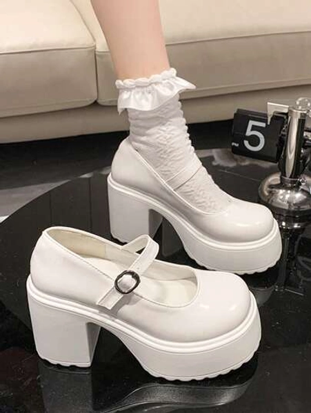 Preppy Mary Jane Schuhe Für Frauen, weiß Schnalle Dekor, Plateau, Schuhe
