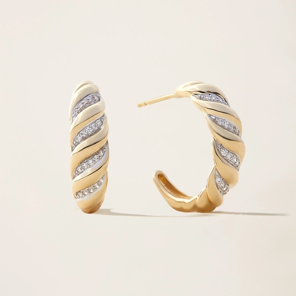 14k Solid Gold Diamond Croissant Hoop Earrings
