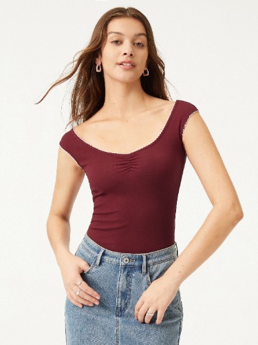 Fresh Cotton Trimming Top - Plum Red / S