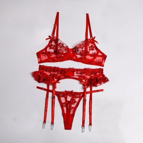 Embroidery Lingerie Set for Women Plus Size Sheer Bra and High Waisted Panty Garter Belt | Red / L