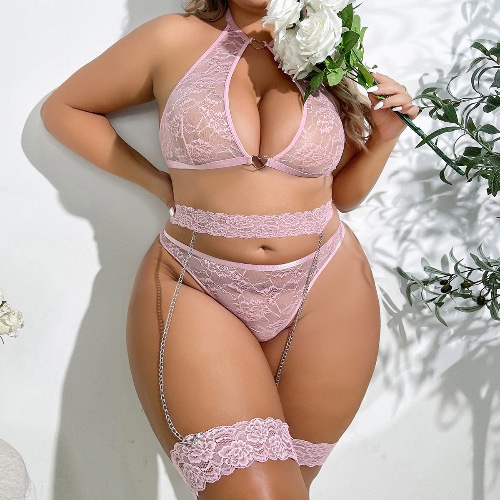 Plus Size Embroidered Mesh See-Through Underwear Suit - 1XL / Pink