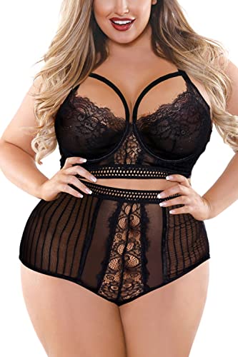 EVELUST Women's Plus Size Lingerie with Underwire, Sexy Lace Up Drawstring Strappy Eyelash Lace Cup & High Waist Panty Set - X-Large - Black