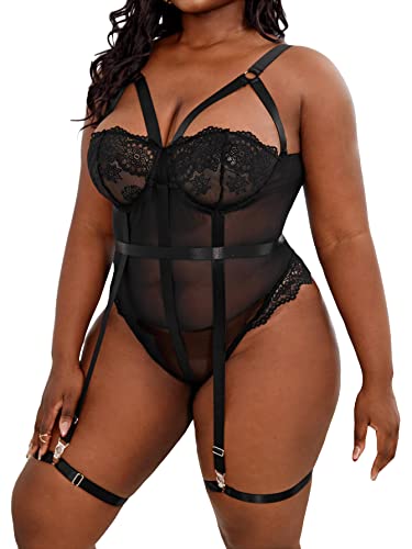 OYOANGLE Women's Plus Size Ring Linked Cut Out Sheer Mesh Teddy Bodysuit Garter Lingerie Set - X-Large Plus - Black