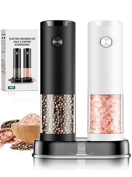 Electric Salt and Pepper Grinder Set Automatic Battery Pepper Mill Shakers Adjustable Coarseness Easy Filling Upgraded Larger Capacity with Led (2 Pack Black/White) - Black/White (Black Base)