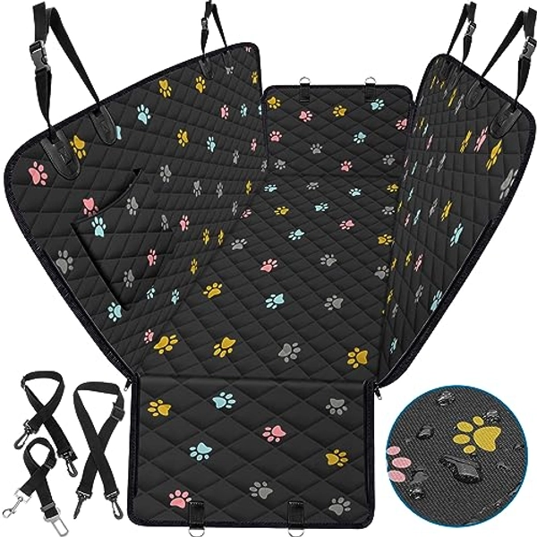 BeneathYourFeet Dog Seat Cover (54" W x 56" L, Colored Paw Prints) Scratch Prevention Dog Car Seat Cover for Back Seat Waterproof Dog Hammock for Car Car Seat Covers